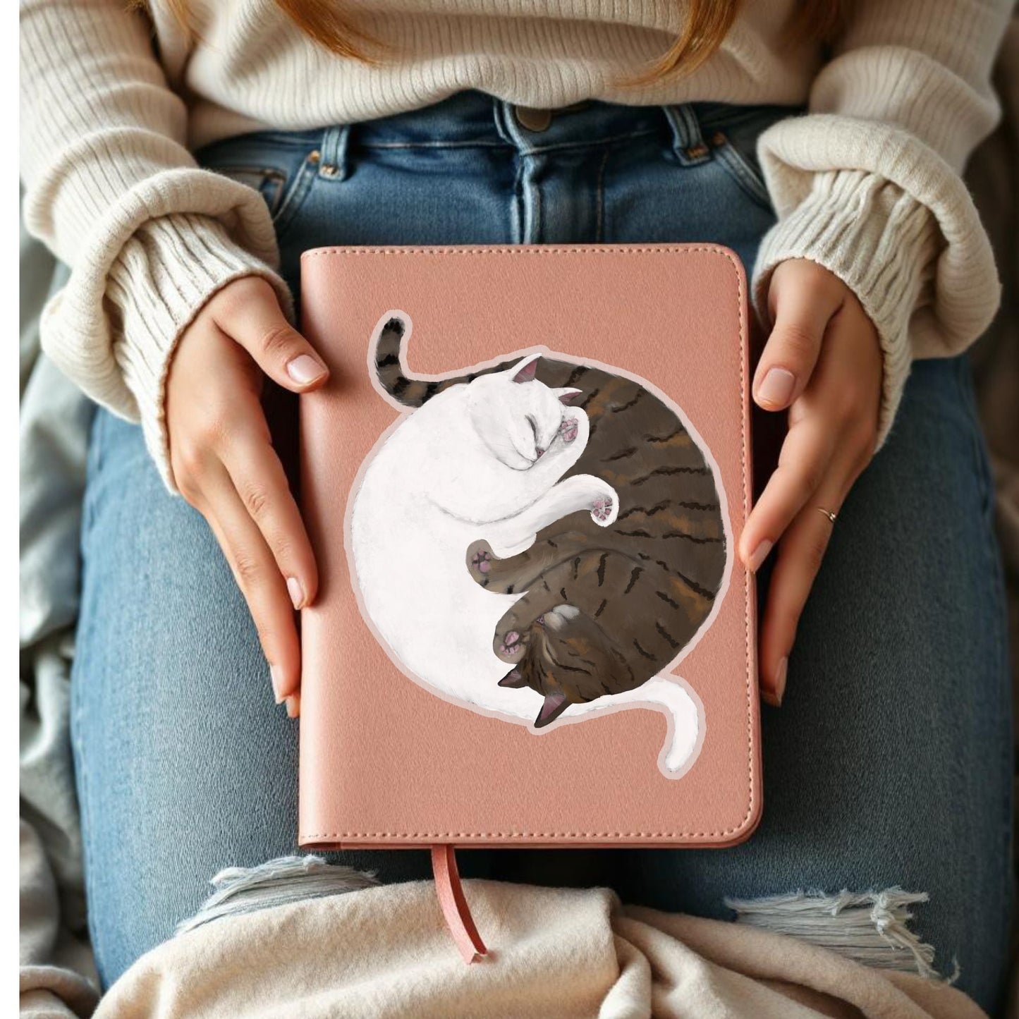 White And Taby Cats Sleeping Vinly Sticker - MerikaArt