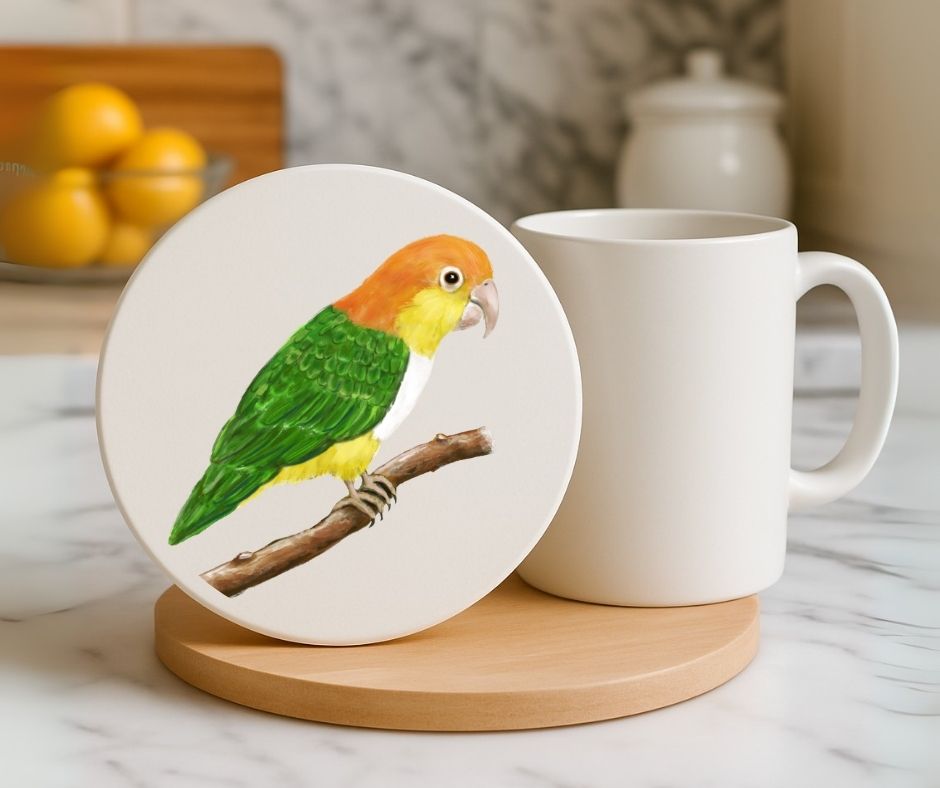 White - bellied Caique Ceramic Coaster - MerikaArt