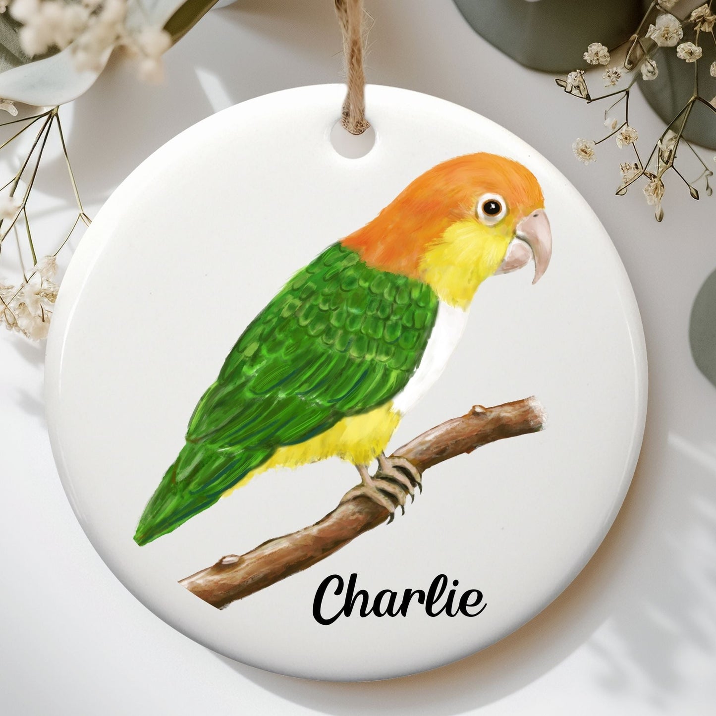 White - Bellied Caique Ceramic Ornament - MerikaArt