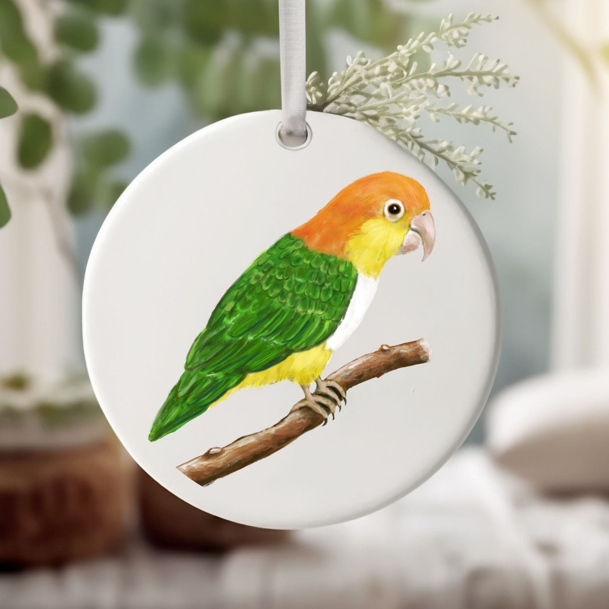 White - Bellied Caique Ceramic Ornament - MerikaArt