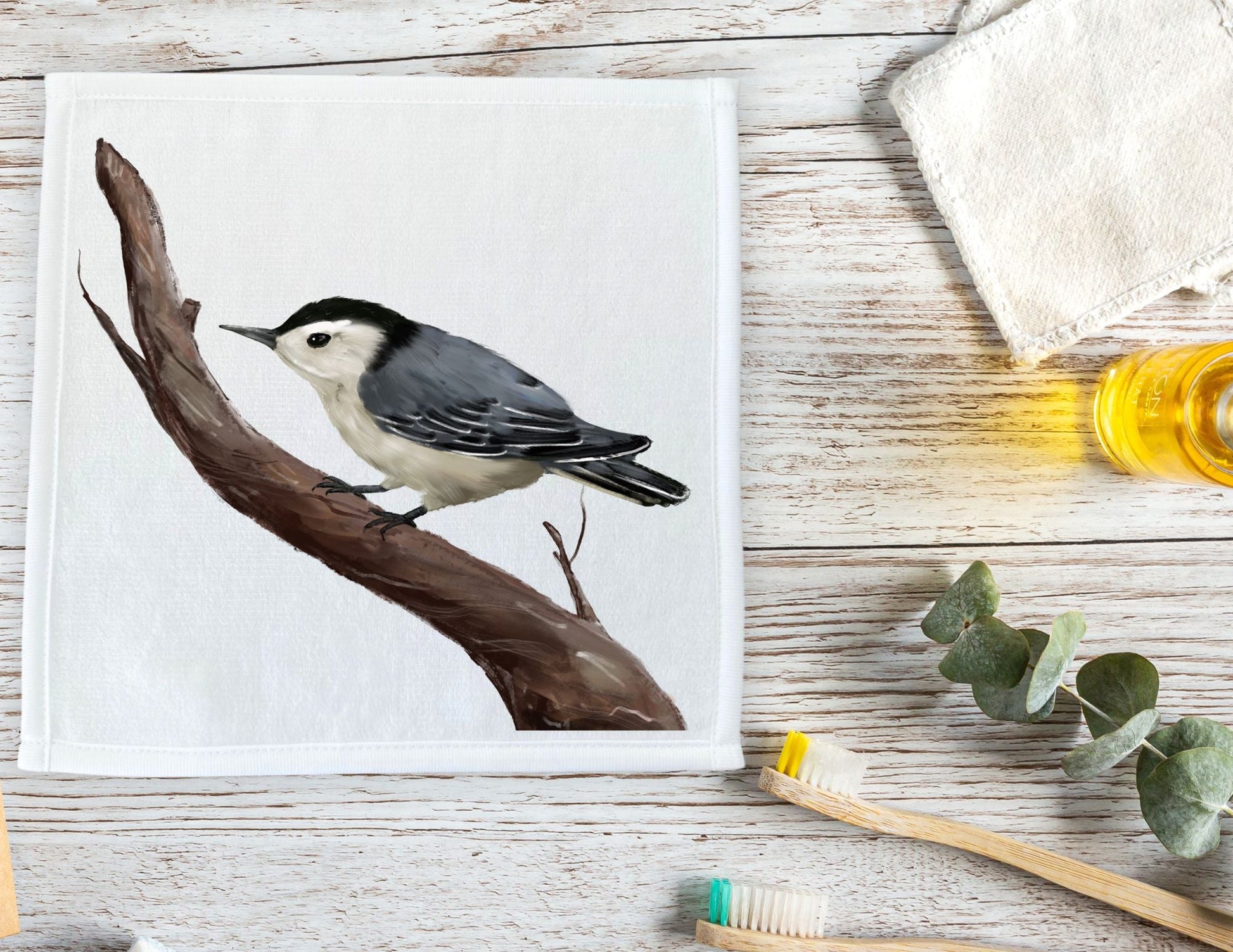 White - Breasted Nuthatch Bird Washcloth - MerikaArt