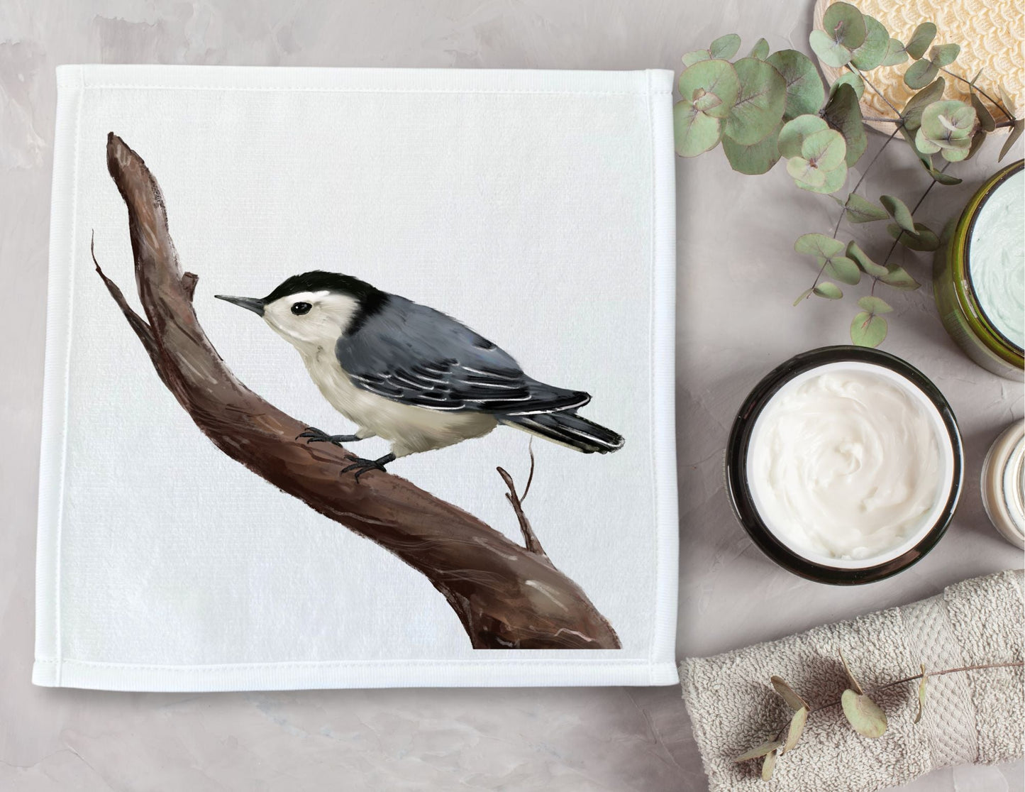 White - Breasted Nuthatch Bird Washcloth - MerikaArt