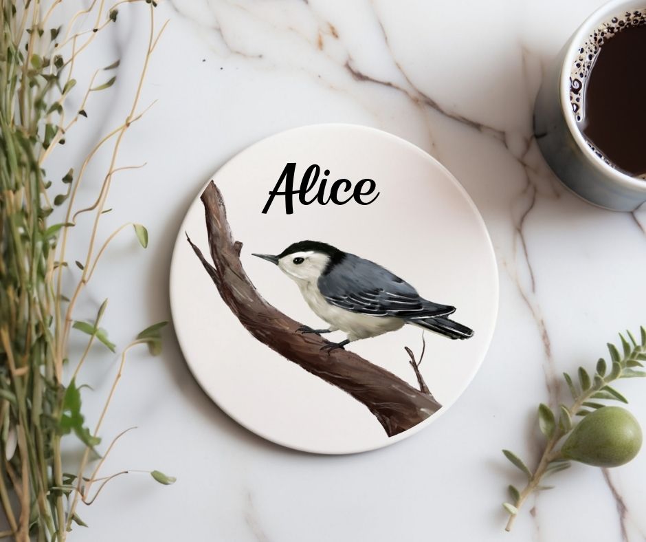 White - breasted Nuthatch Ceramic Coaster - MerikaArt
