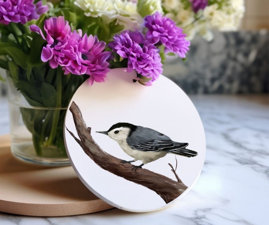 White - breasted Nuthatch Ceramic Coaster - MerikaArt