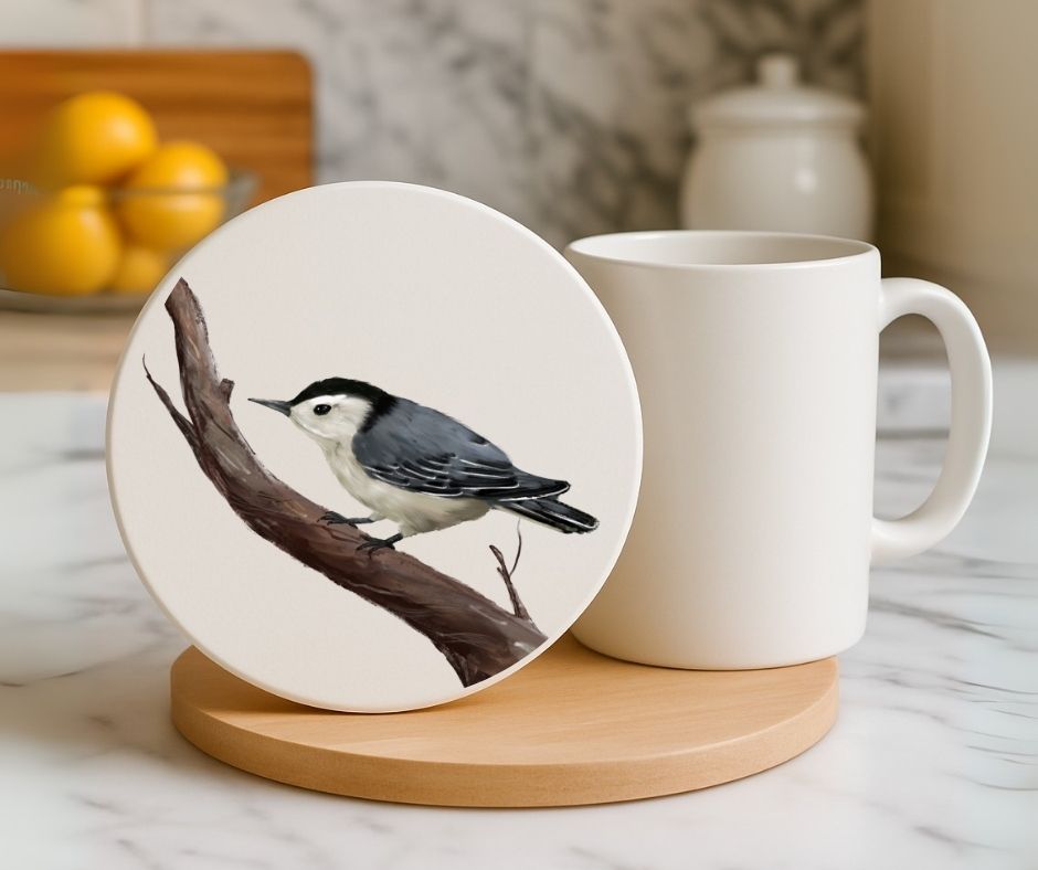 White - breasted Nuthatch Ceramic Coaster - MerikaArt
