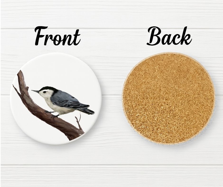 White - breasted Nuthatch Ceramic Coaster - MerikaArt