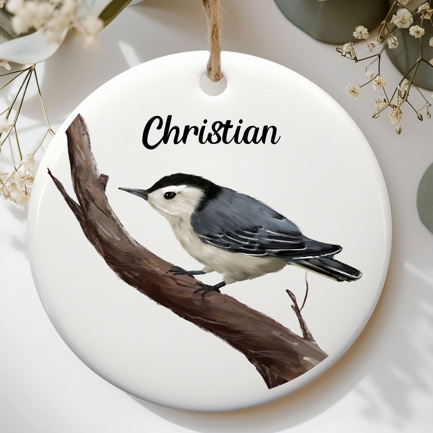 White - breasted Nuthatch Ceramic Ornament - MerikaArt
