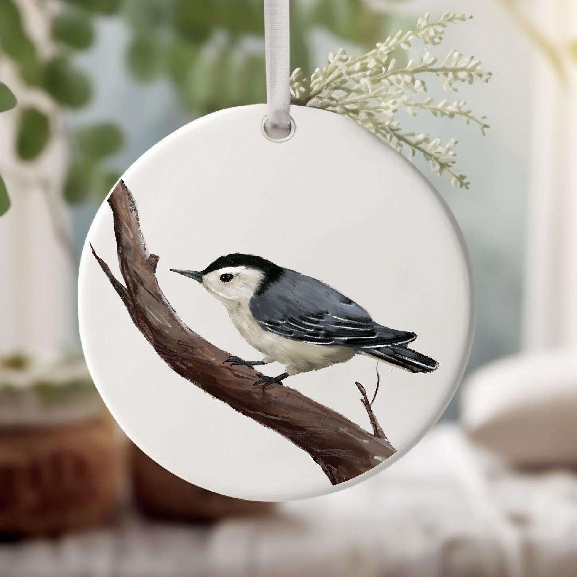 White - breasted Nuthatch Ceramic Ornament - MerikaArt