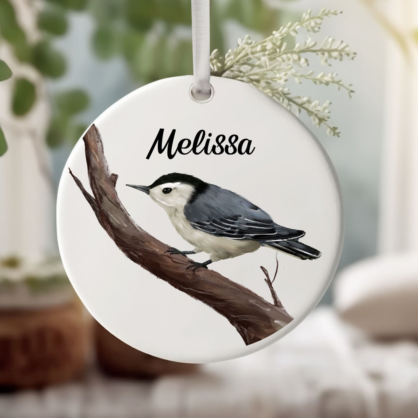 White - breasted Nuthatch Ceramic Ornament - MerikaArt