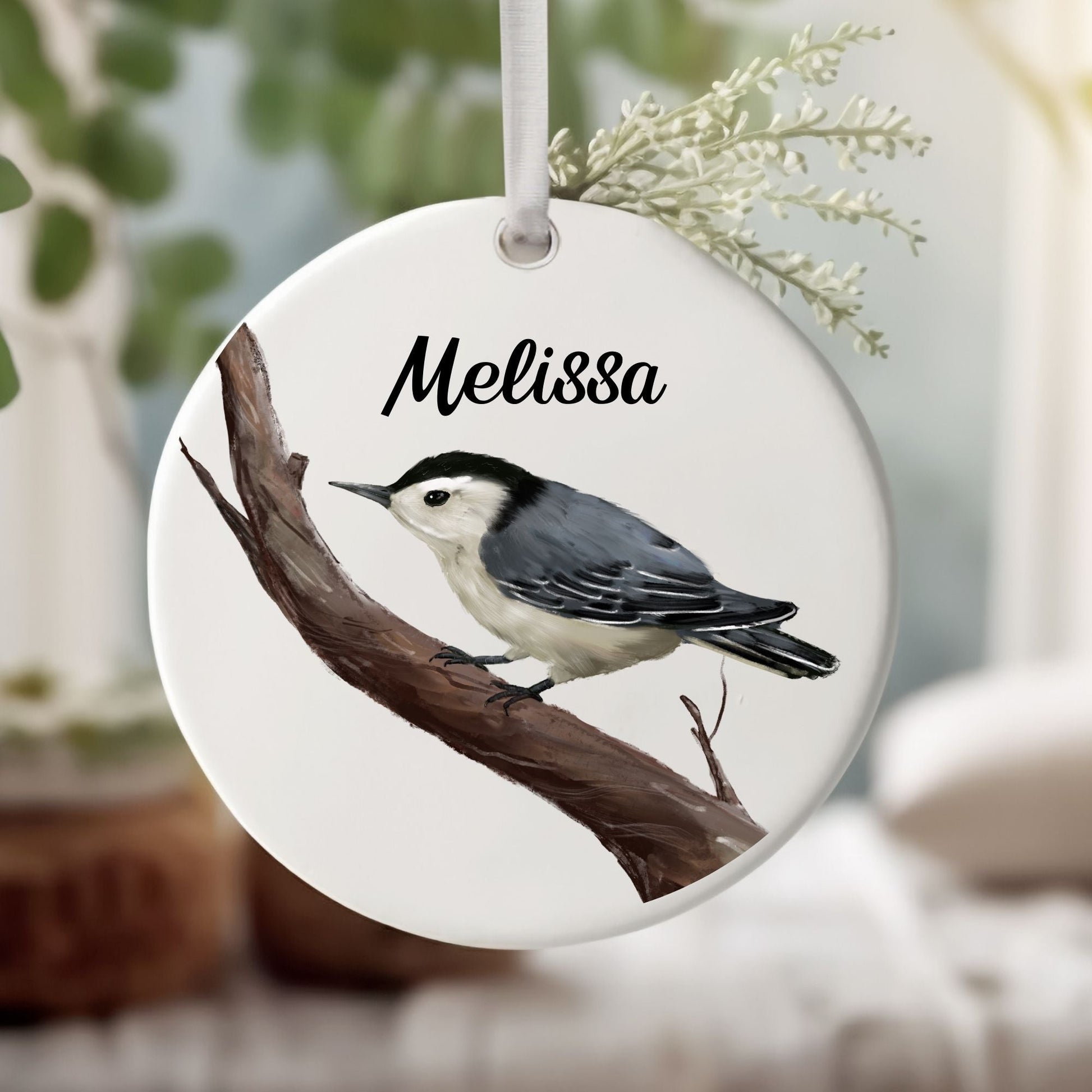 White - breasted Nuthatch Ceramic Ornament - MerikaArt
