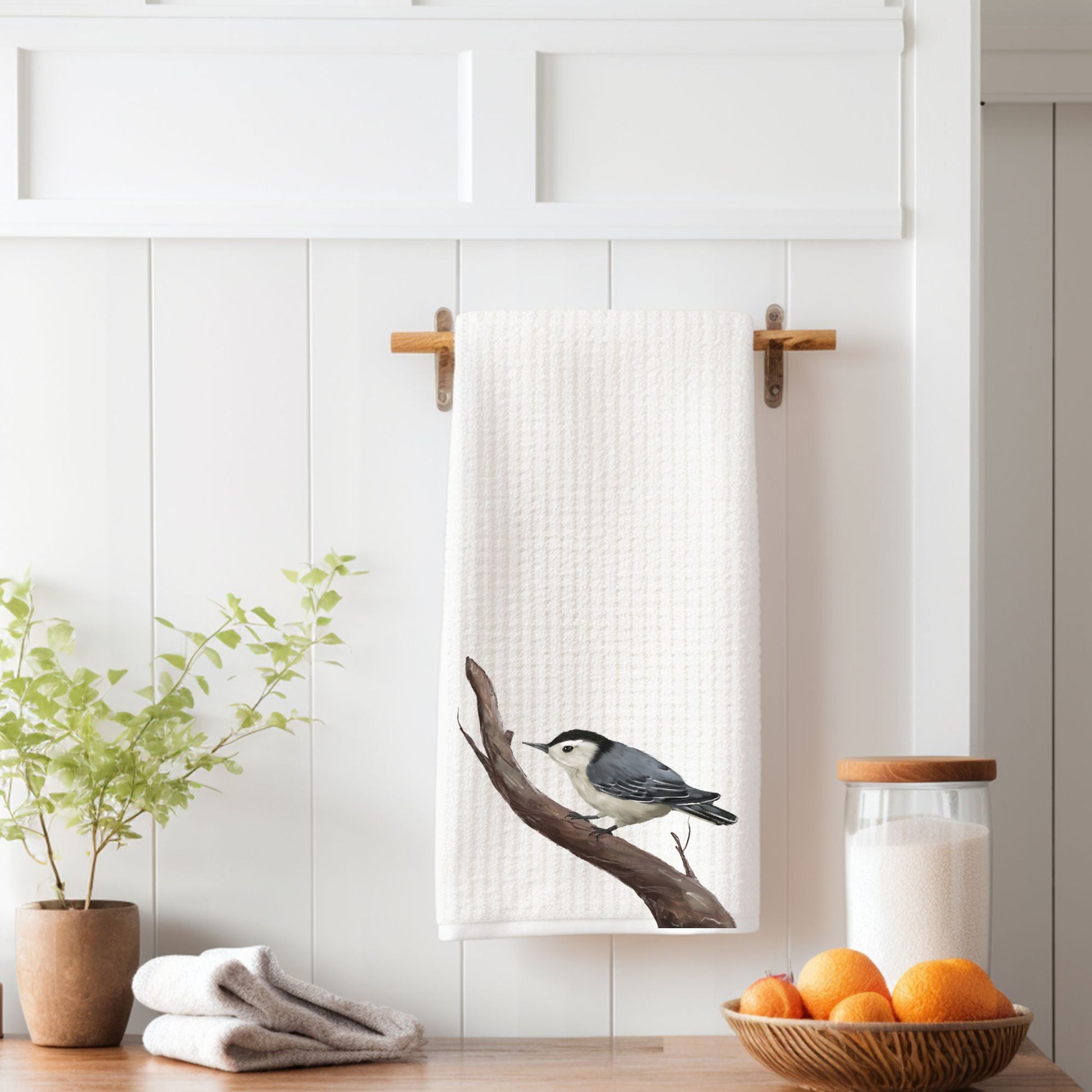 White - breasted Nuthatch Kitchen Towel - MerikaArt