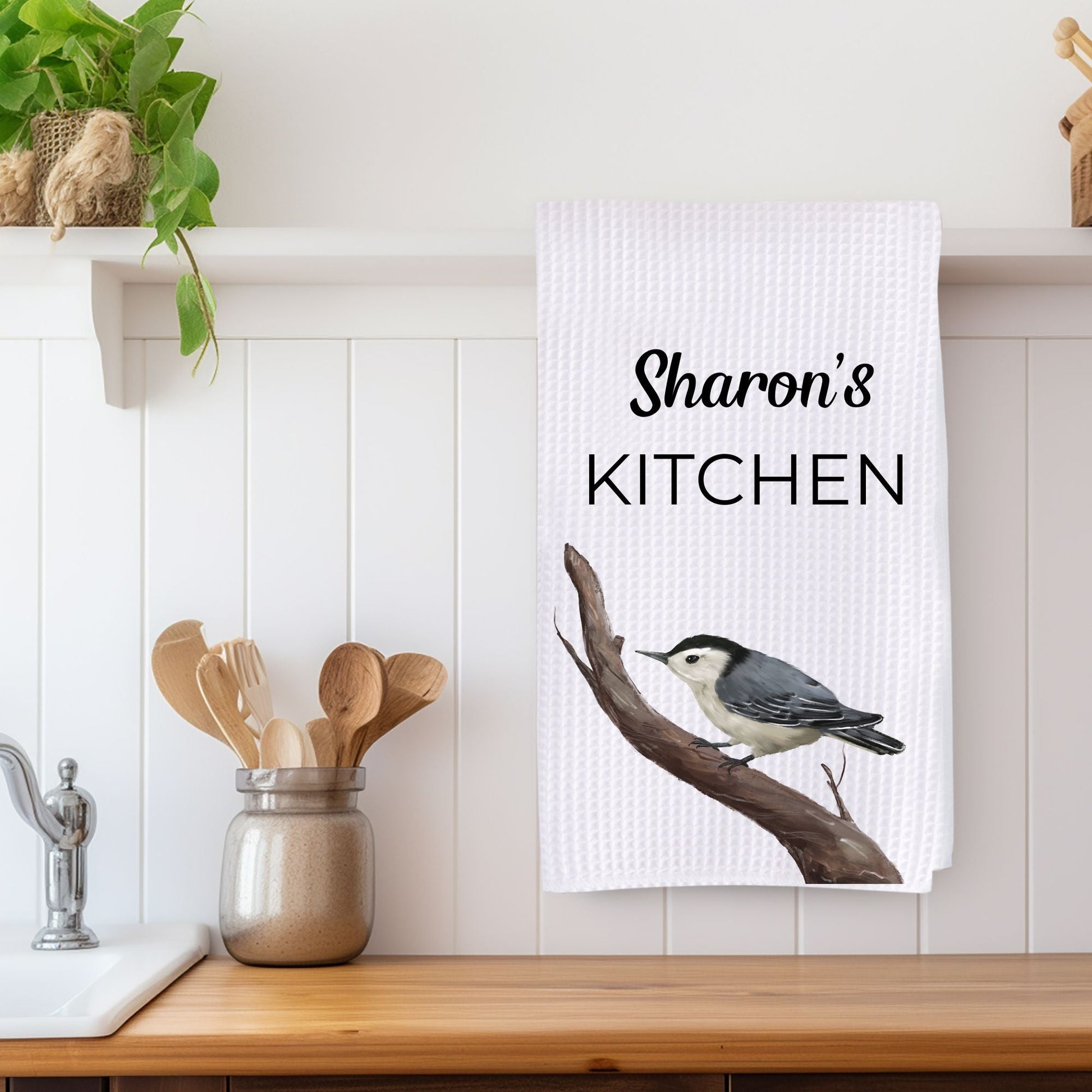 White - breasted Nuthatch Kitchen Towel - MerikaArt