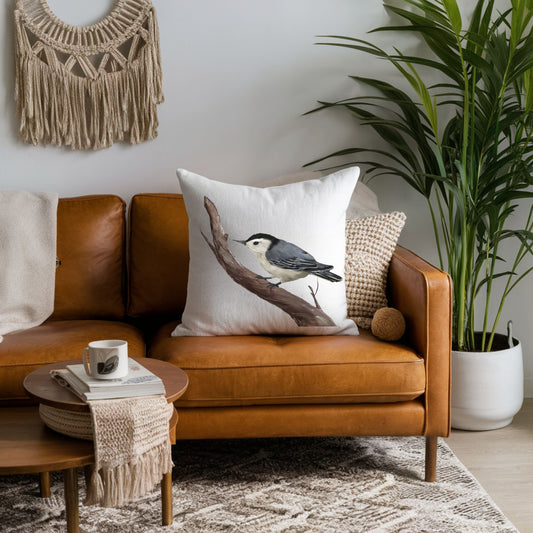 White Breasted Nuthatch Pillow for Bird Lovers - MerikaArt