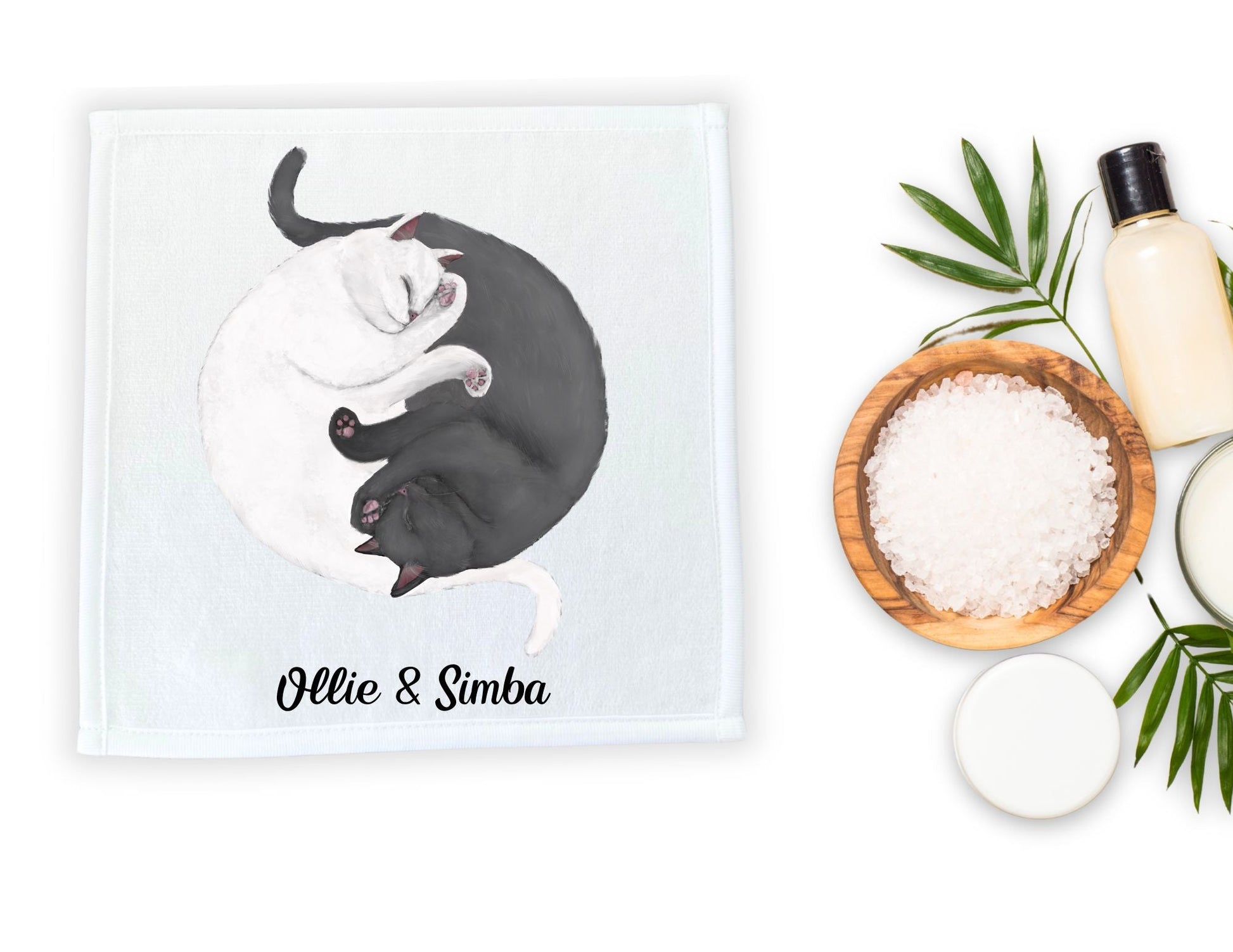 White Cat and Gray Cat Sleeping Washcloth - MerikaArt