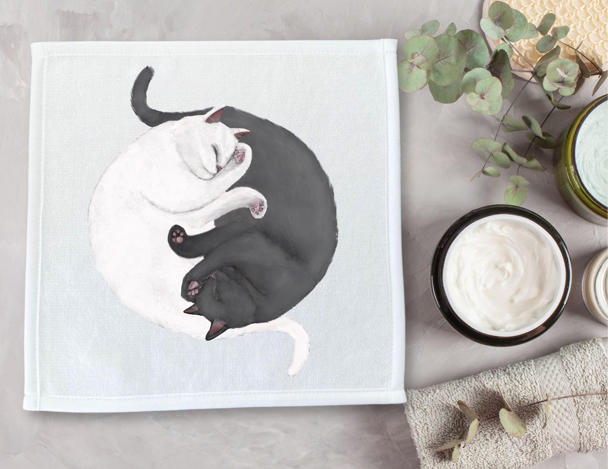 White Cat and Gray Cat Sleeping Washcloth - MerikaArt