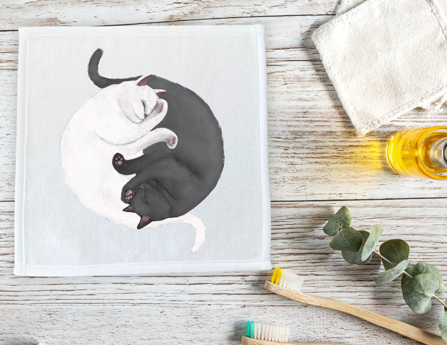 White Cat and Gray Cat Sleeping Washcloth - MerikaArt