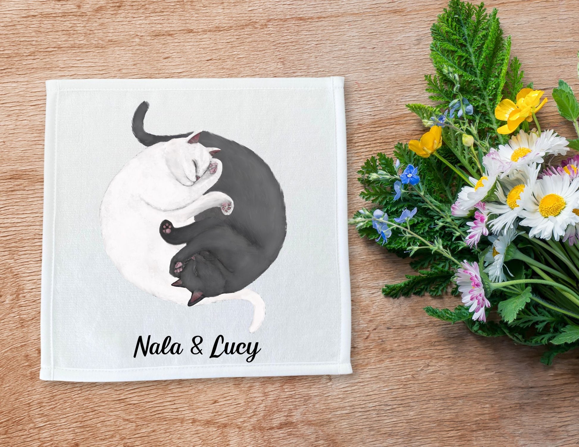 White Cat and Gray Cat Sleeping Washcloth - MerikaArt