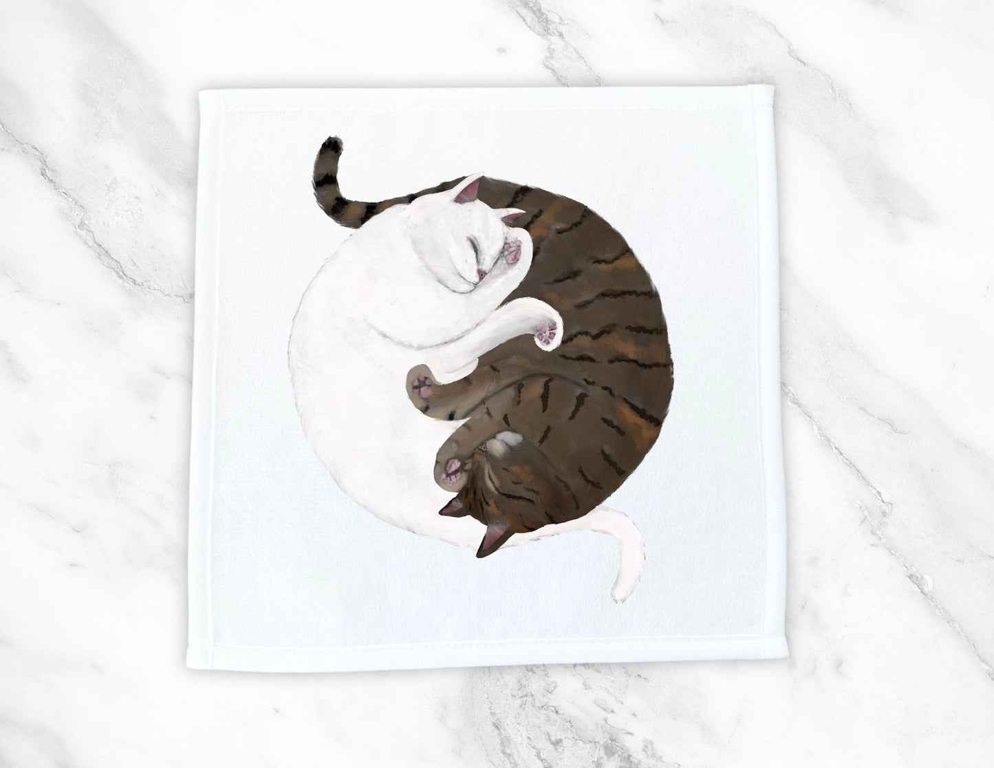 White Cat and Tabby Cat Sleeping Washcloth - MerikaArt