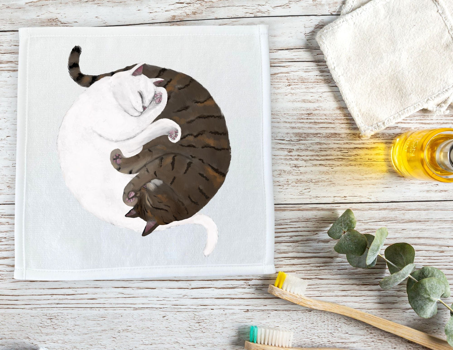 White Cat and Tabby Cat Sleeping Washcloth - MerikaArt