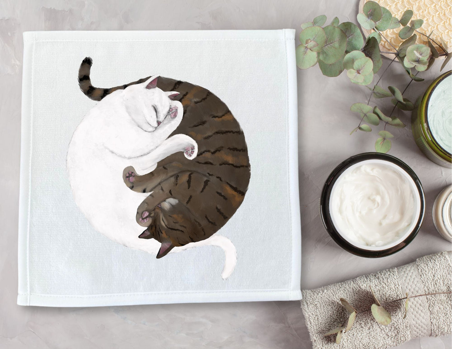 White Cat and Tabby Cat Sleeping Washcloth - MerikaArt