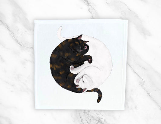 White Cat and Tortoiseshell Cat Sleeping Washcloth - MerikaArt