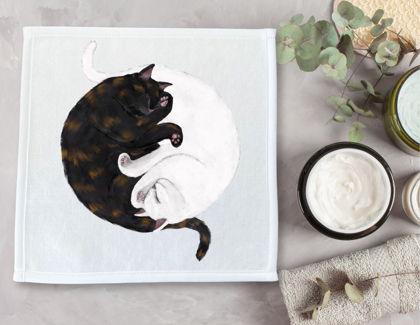 White Cat and Tortoiseshell Cat Sleeping Washcloth - MerikaArt