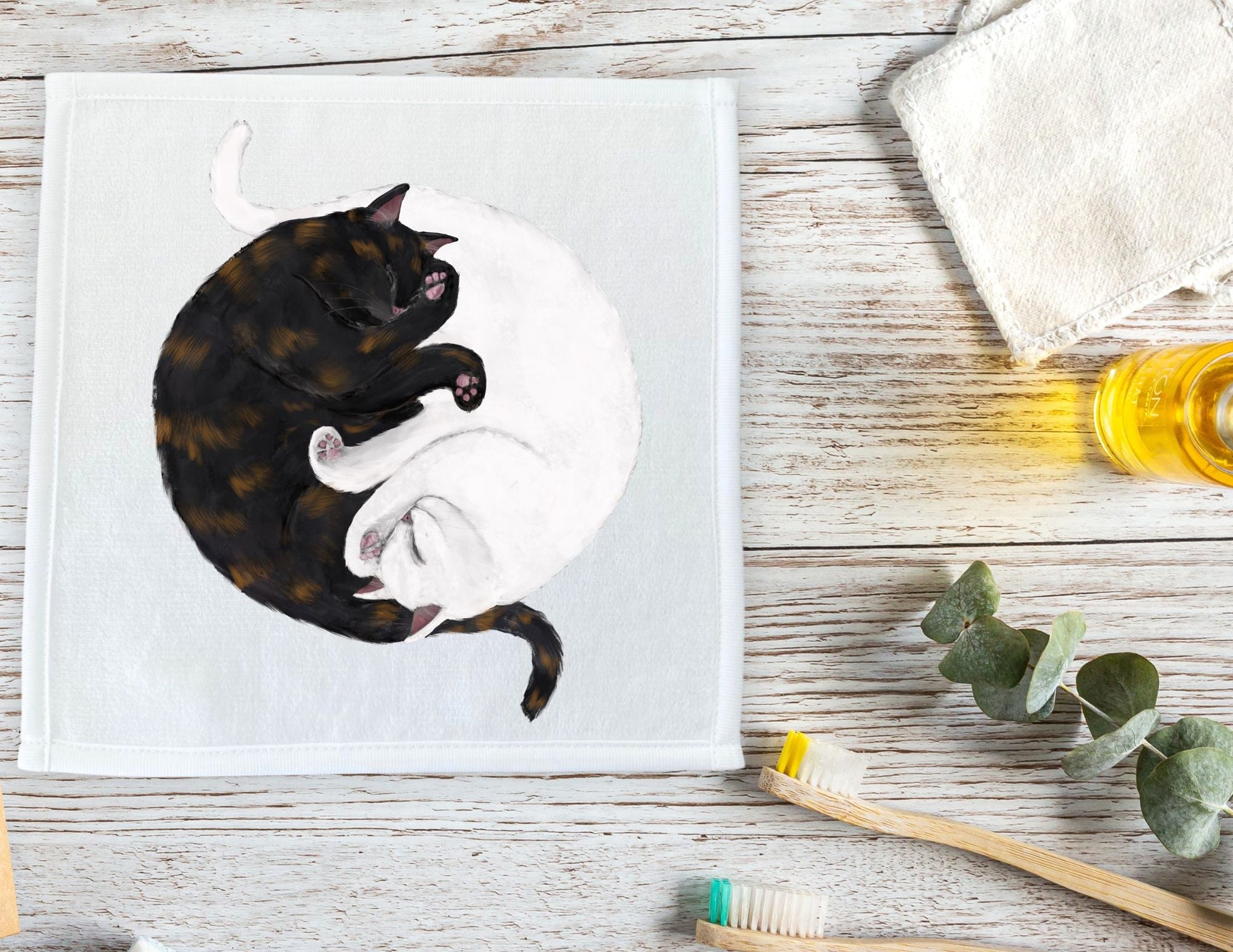 White Cat and Tortoiseshell Cat Sleeping Washcloth - MerikaArt