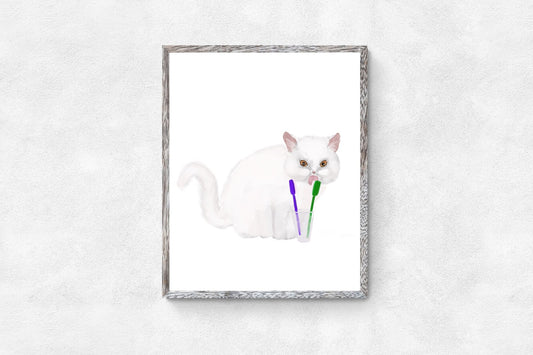 White Cat Brushing Teeth Print - MerikaArt