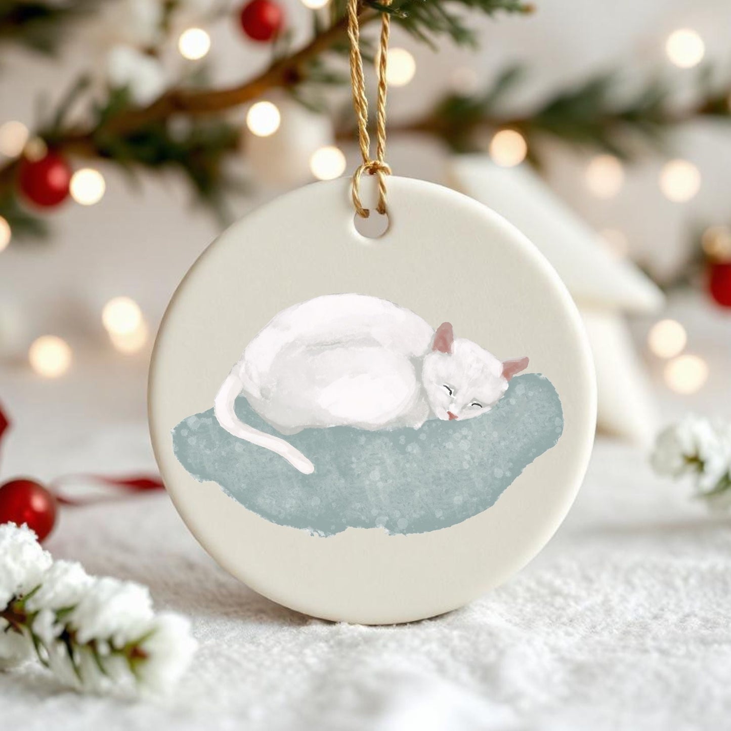 White Cat Ceramic Ornament - MerikaArt