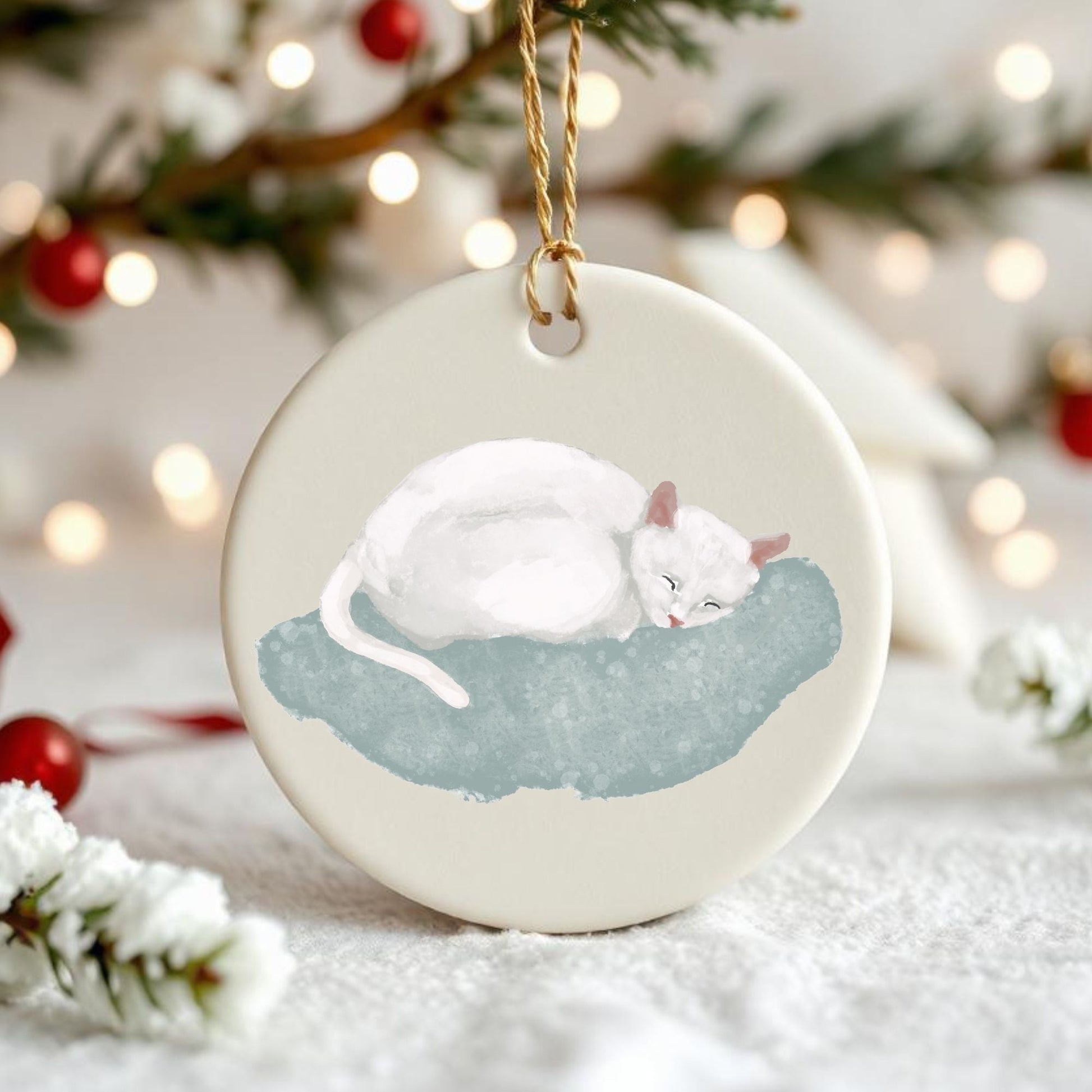 White Cat Ceramic Ornament - MerikaArt