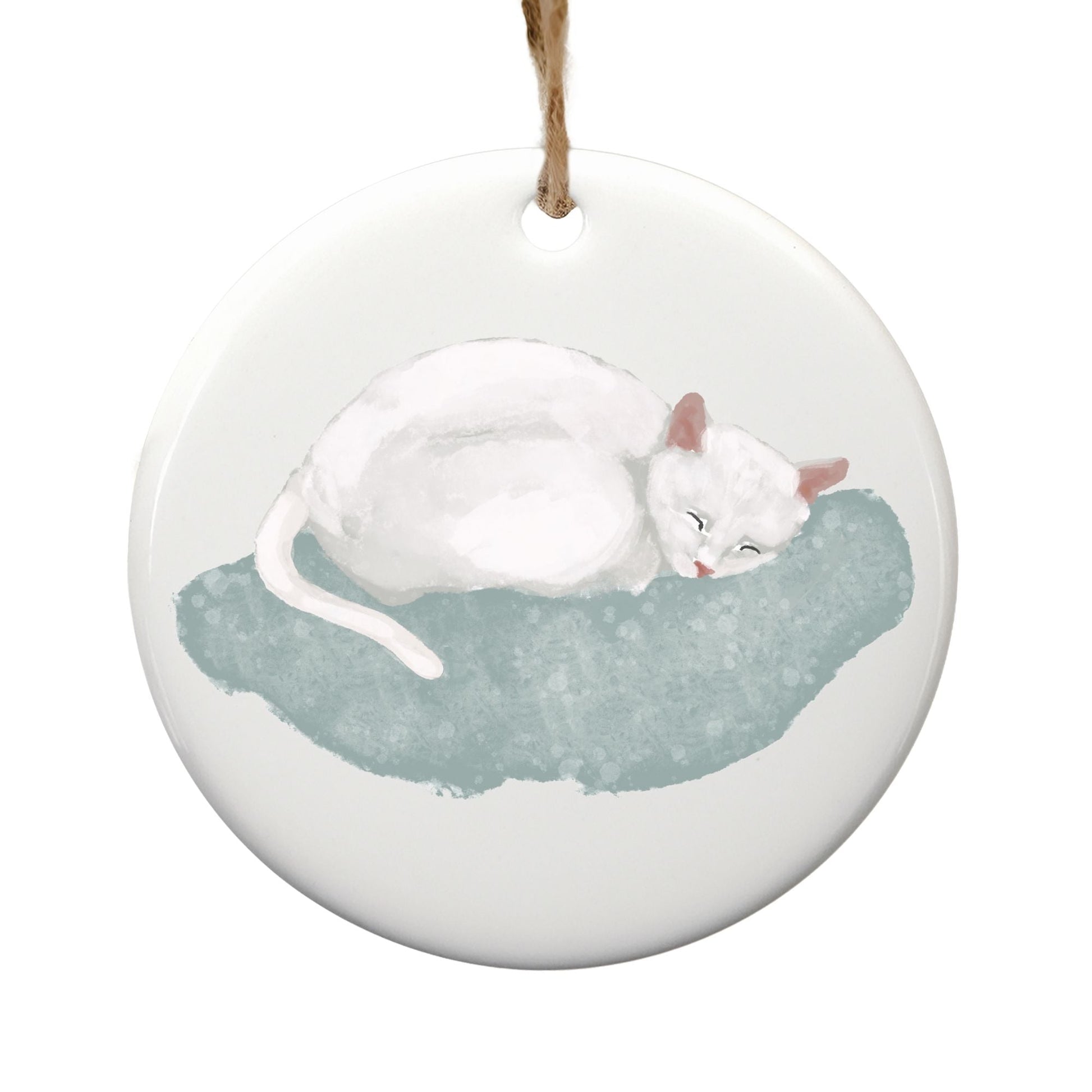 White Cat Ceramic Ornament - MerikaArt