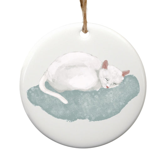 White Cat Ceramic Ornament - MerikaArt