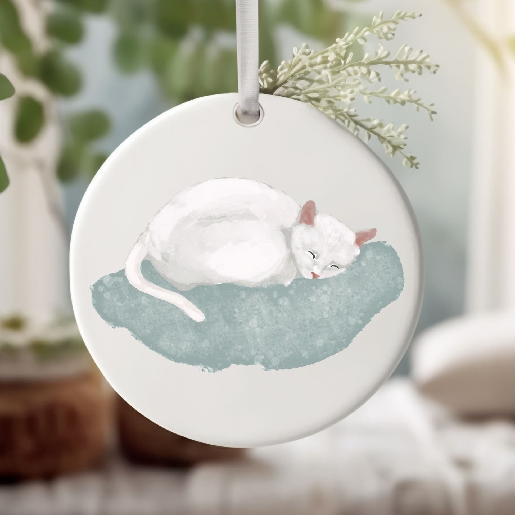 White Cat Ceramic Ornament - MerikaArt