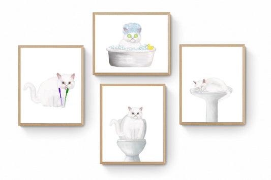 White Cat in Bathroom Set of 4 Print - MerikaArt