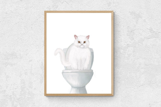 White Cat Sitting on Toilet Print - MerikaArt