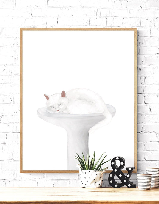 White Cat Sleeping In Sink Art - MerikaArt