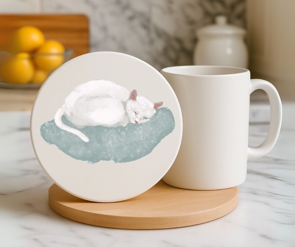 White Cat Sleeping on Cushion Ceramic Coaster - MerikaArt