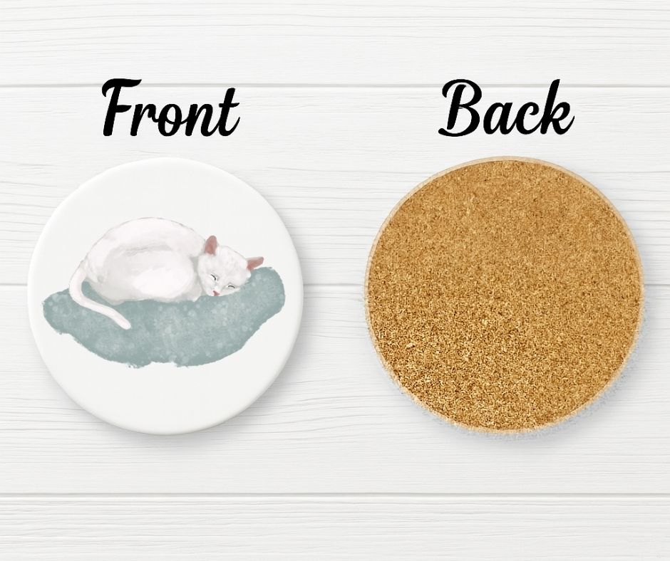 White Cat Sleeping on Cushion Ceramic Coaster - MerikaArt