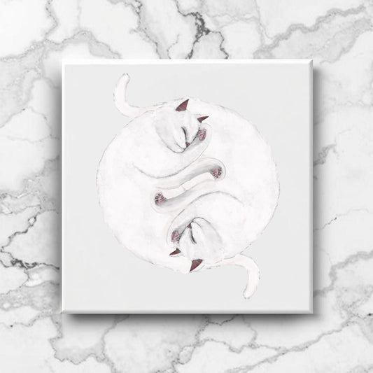 White Cats Yin and Yang Ceramic Tile - MerikaArt