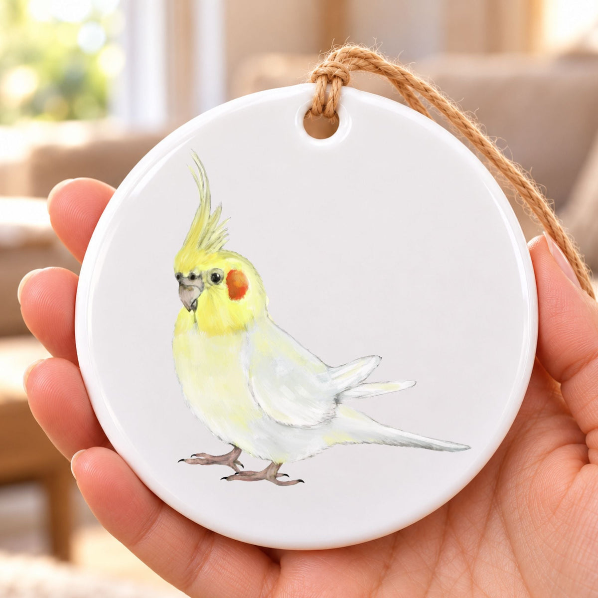 White Cockatiel Ceramic Ornament - MerikaArt
