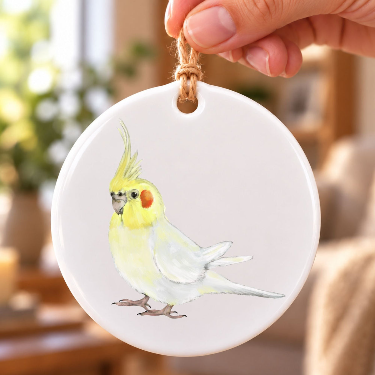 White Cockatiel Ceramic Ornament - MerikaArt