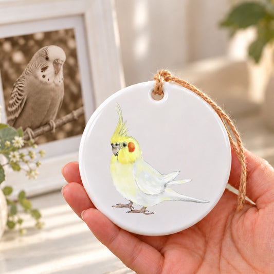 White Cockatiel Ceramic Ornament - MerikaArt