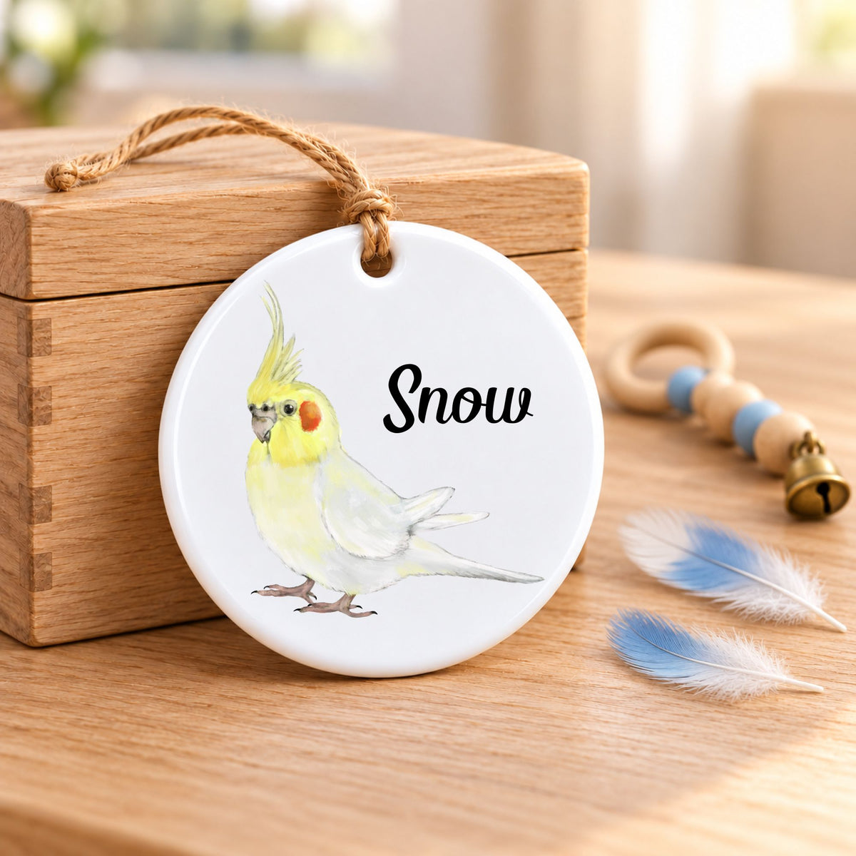 White Cockatiel Ceramic Ornament - MerikaArt