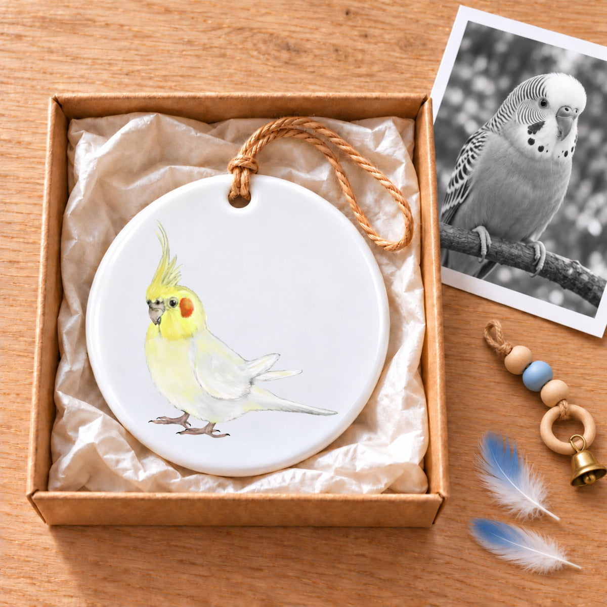 White Cockatiel Ceramic Ornament - MerikaArt