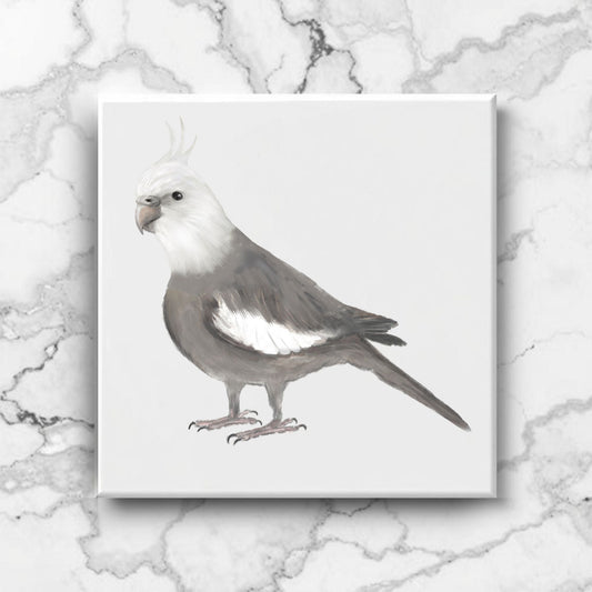 White Cockatiel Ceramic Tile – Handcrafted Bird Artwork - MerikaArt