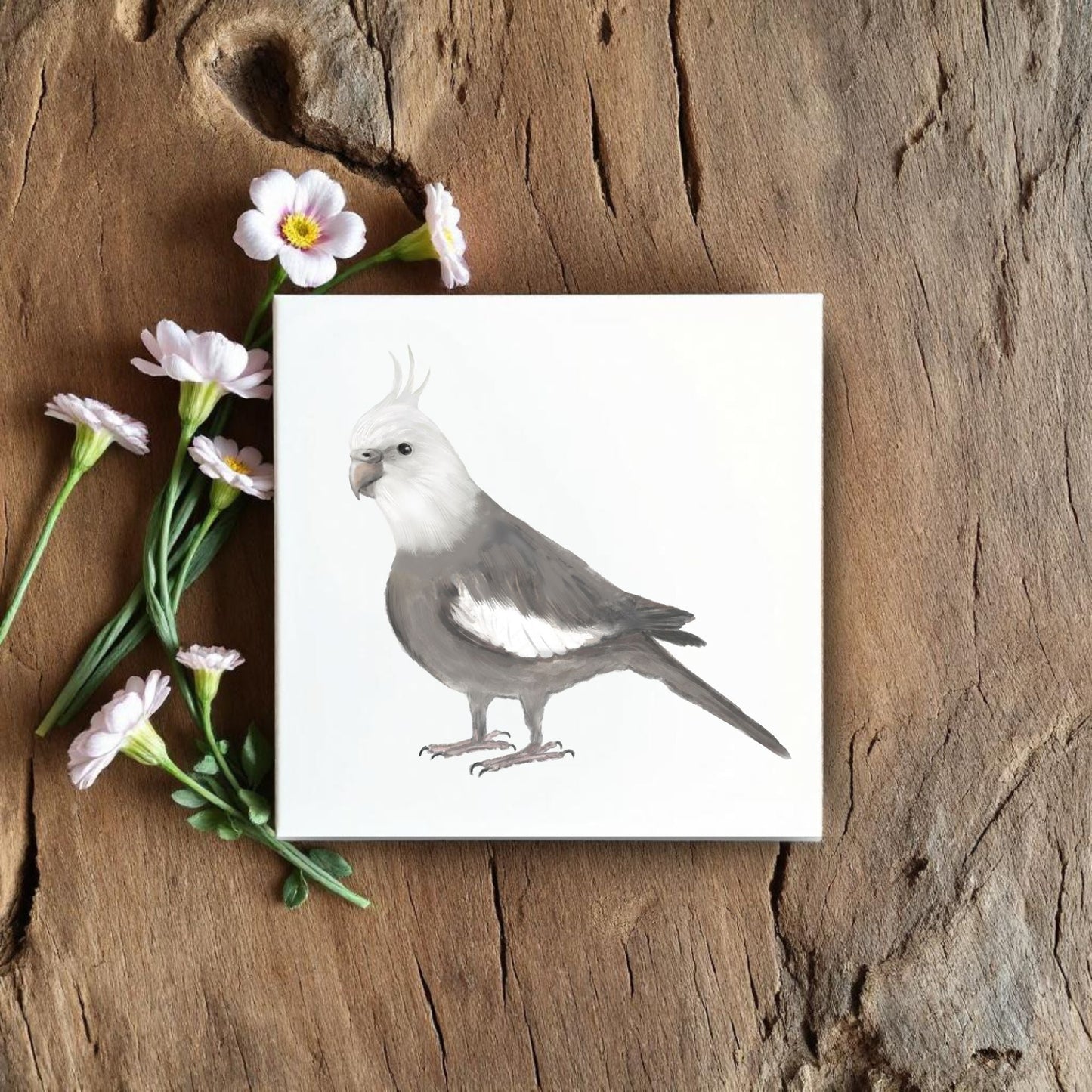 White Cockatiel Ceramic Tile – Handcrafted Bird Artwork - MerikaArt