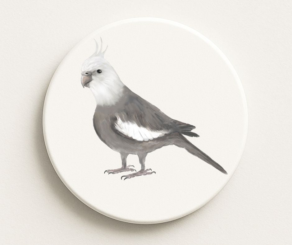 White Faced Cockatiel Ceramic Coaster - MerikaArt