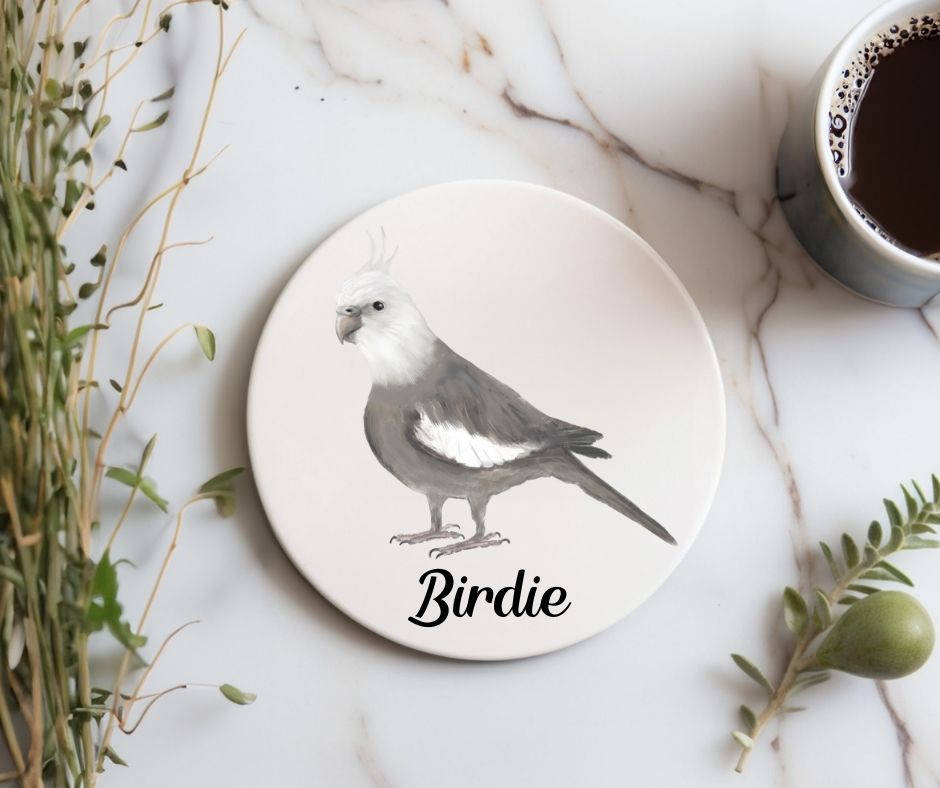 White Faced Cockatiel Ceramic Coaster - MerikaArt