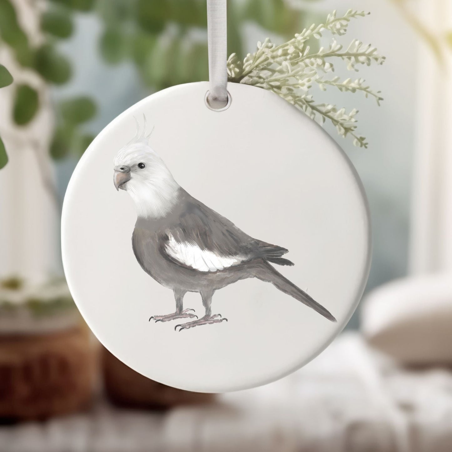 White - Faced Cockatiel Ceramic Ornament - MerikaArt