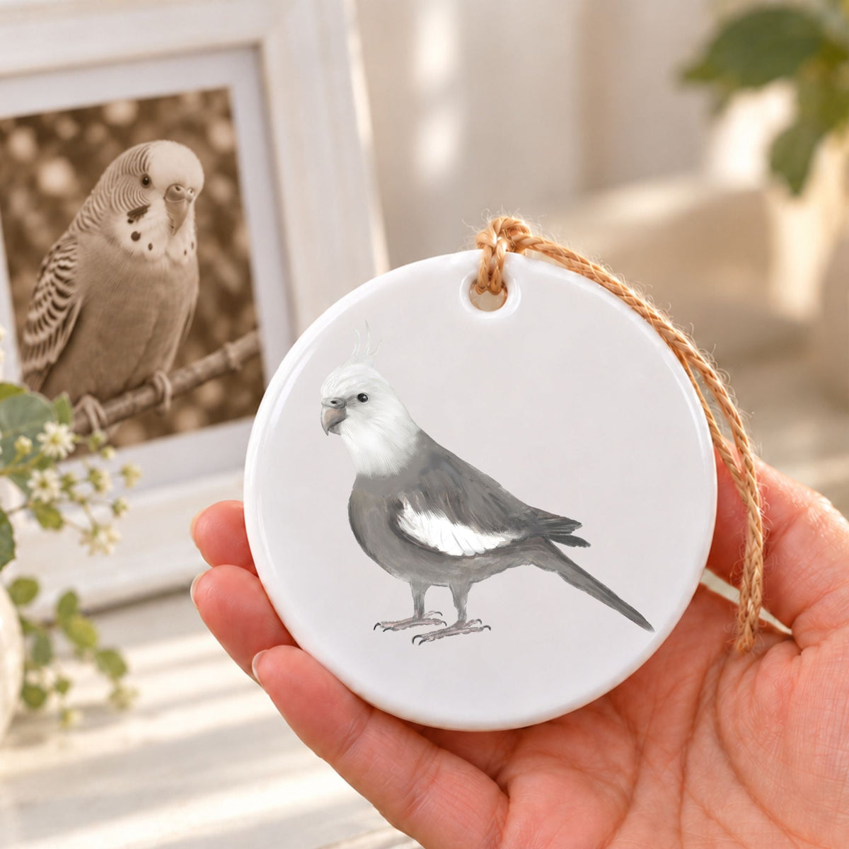 White Faced Cockatiel Ceramic Ornament - MerikaArt